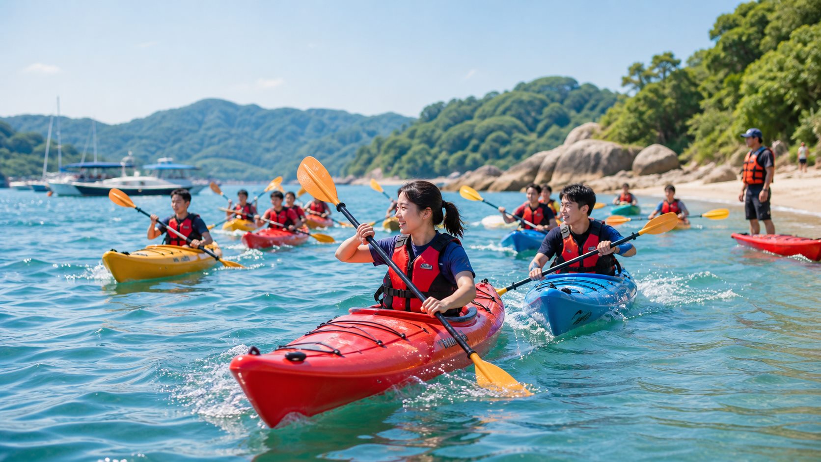 企业团队在湖面进行逐浪皮划艇团建