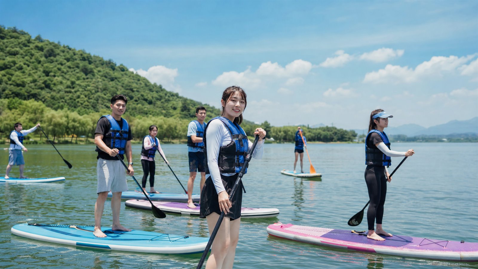 团队在湖面进行水上浆板团建活动