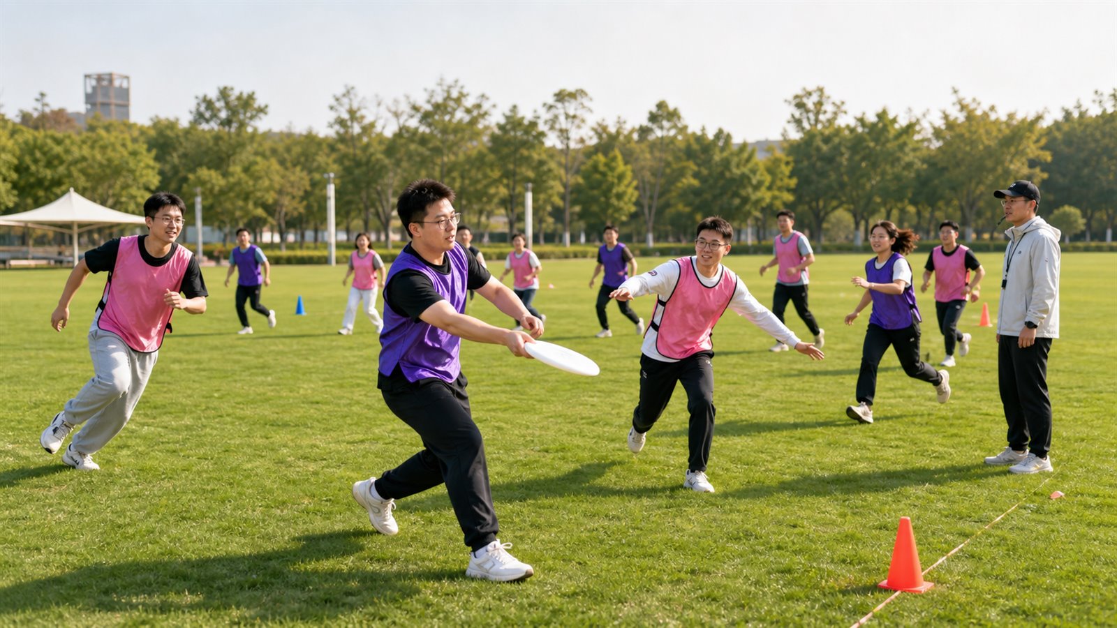 企业团队在草坪上进行极限飞盘团建