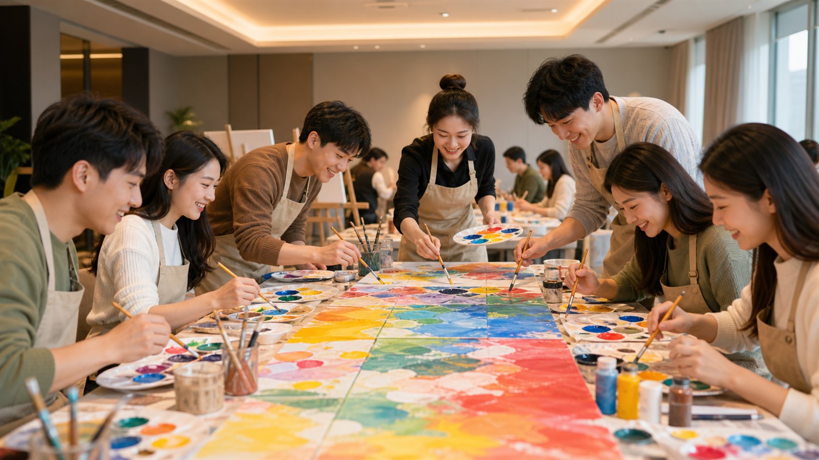 团队成员围绕长桌进行油画团建创作