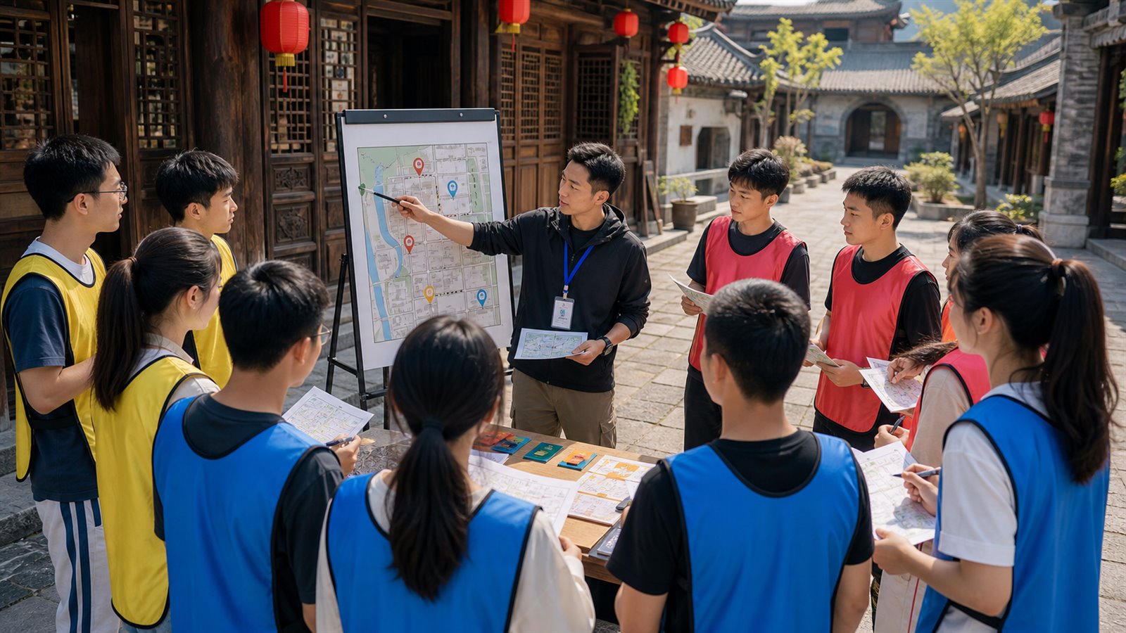 教练为古城定向比赛团建讲解地图和规则