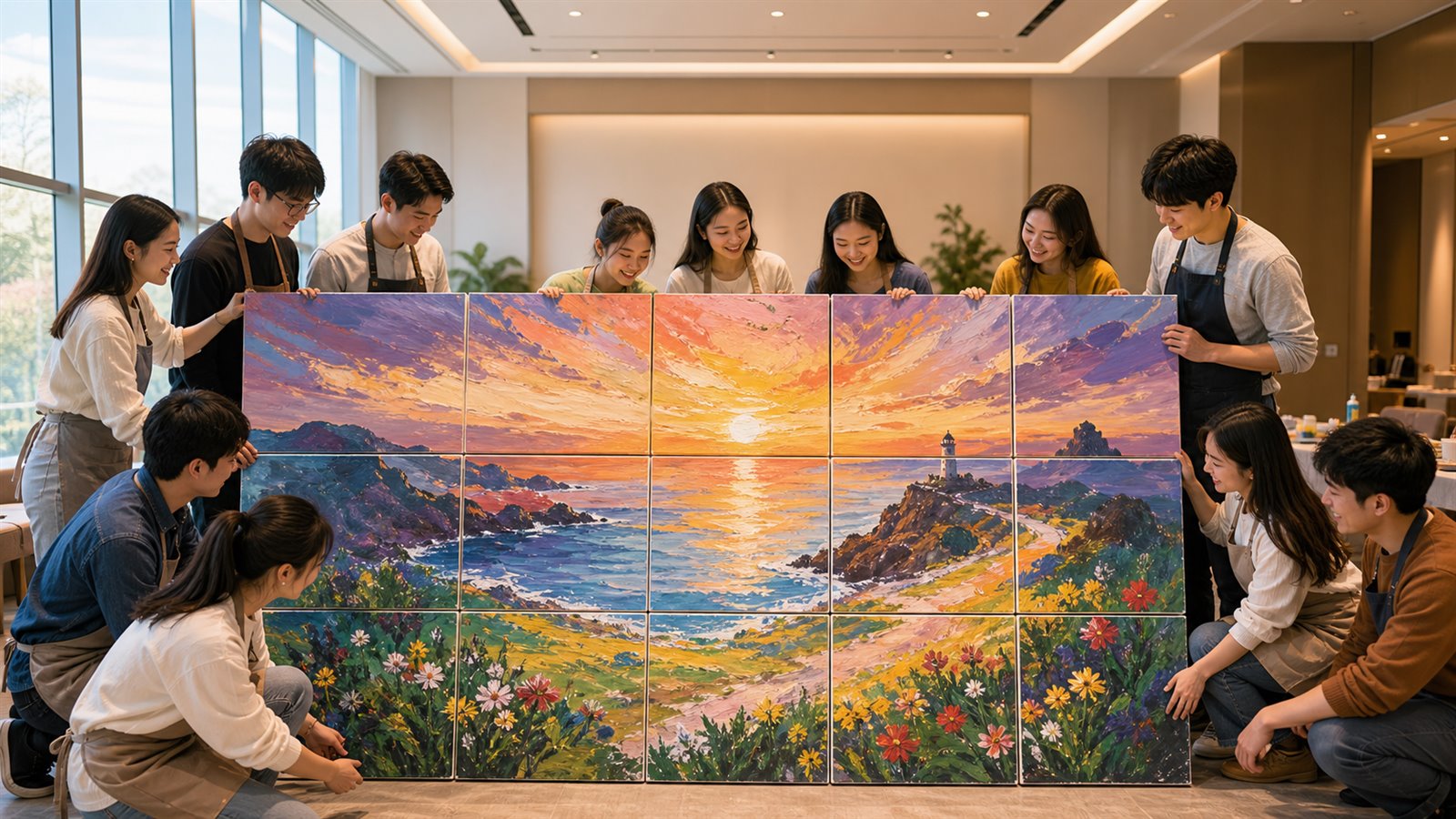团队油画作品拼接与成果展示现场