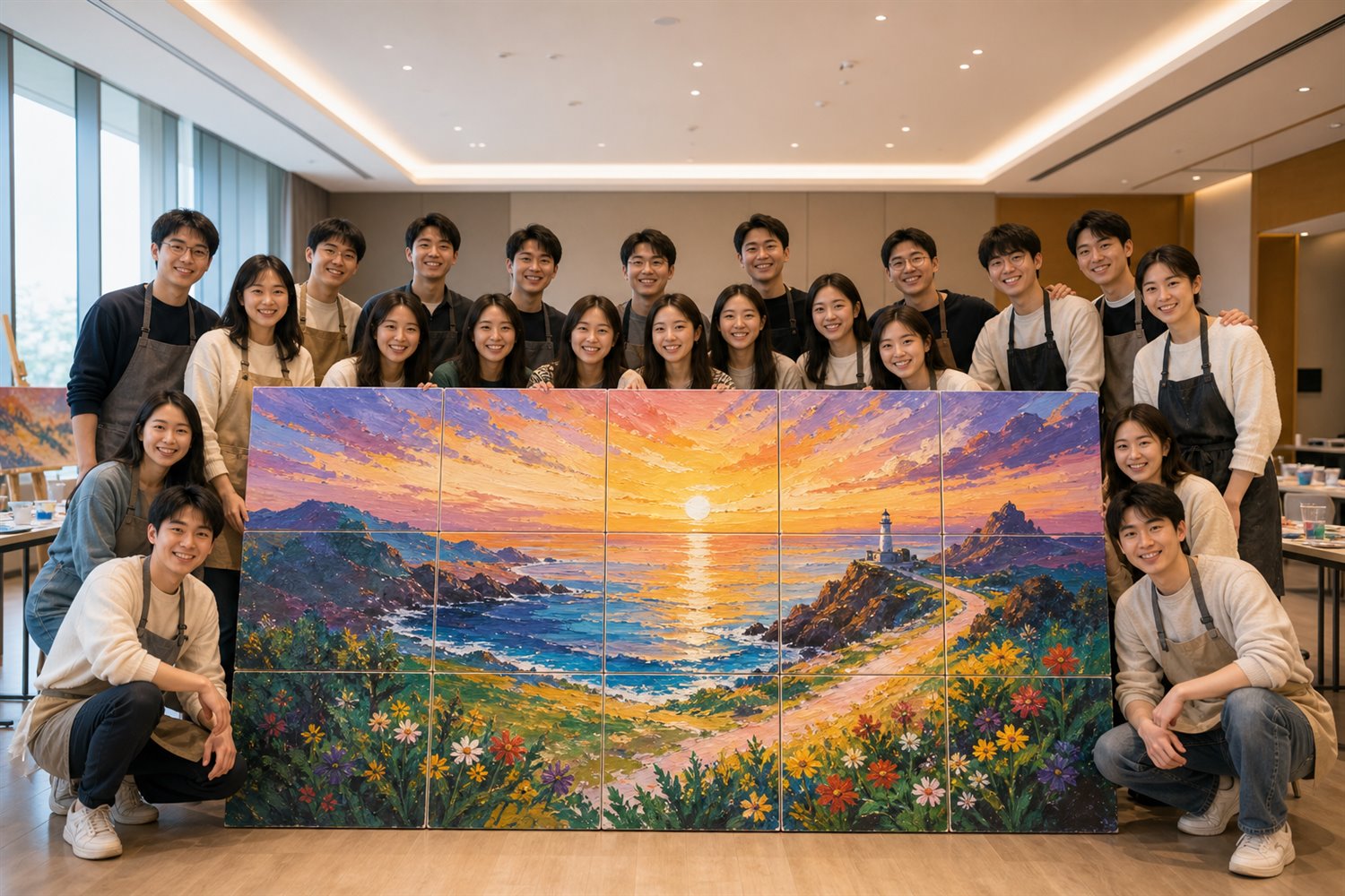 团队成员与完成的团队油画作品合影