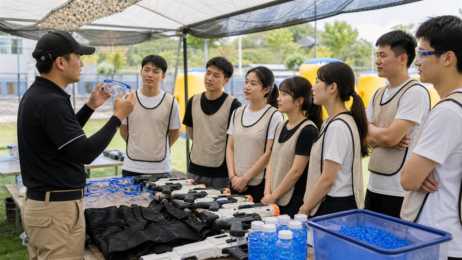 教练讲解水弹射击团建安全规则和护具佩戴