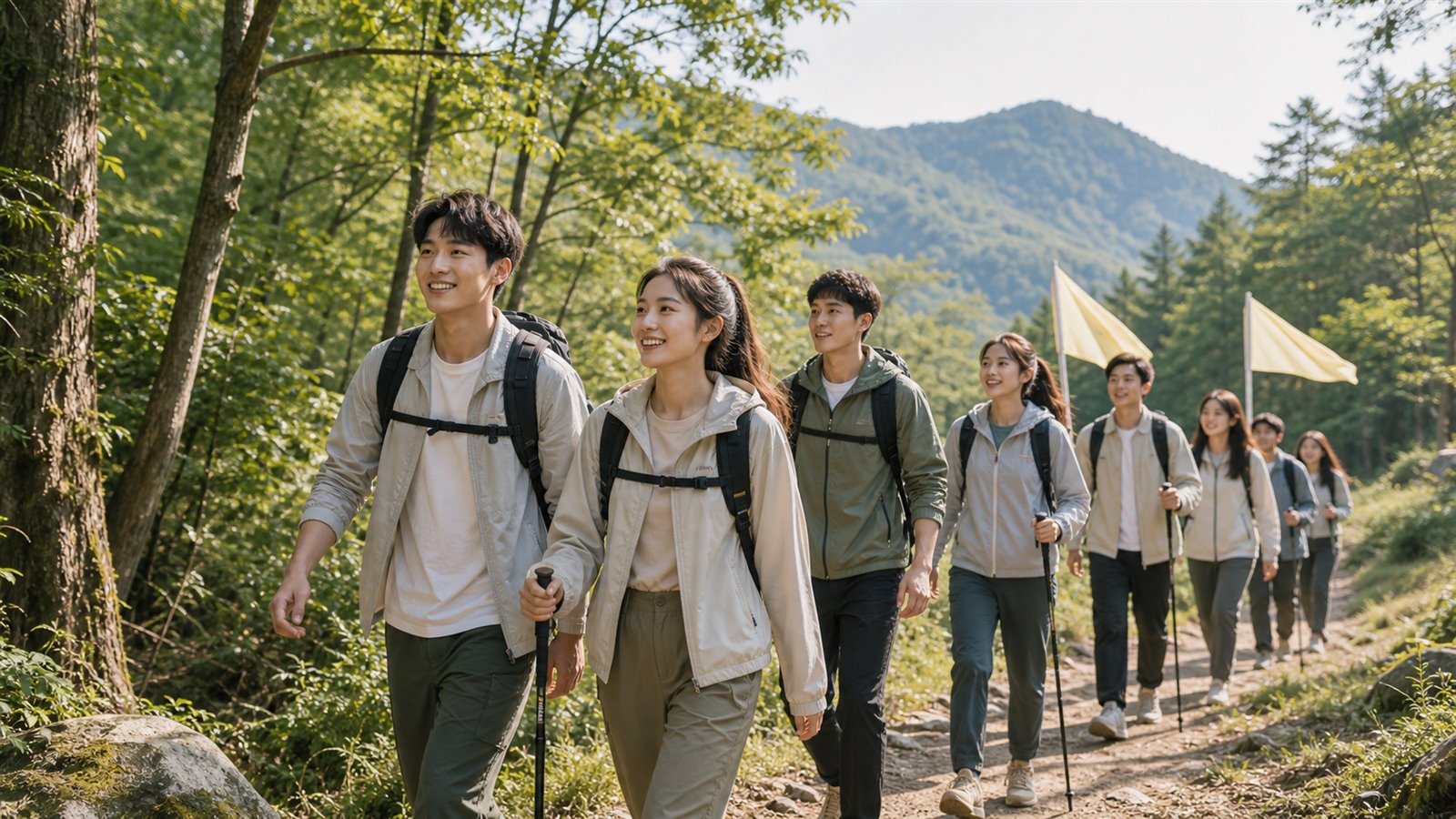 团队在山野路线中轻徒步