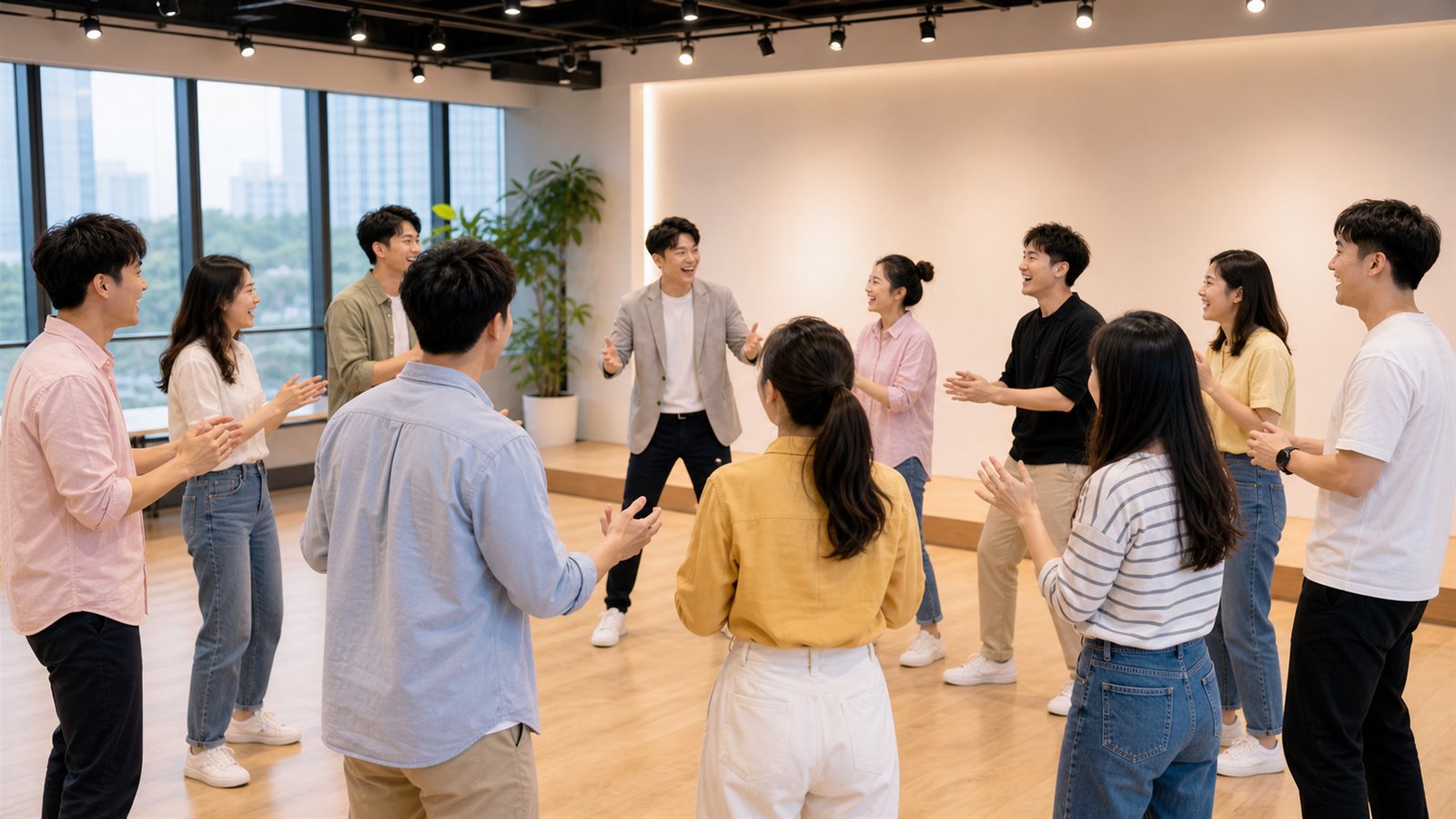团队成员进行即兴戏剧破冰热身